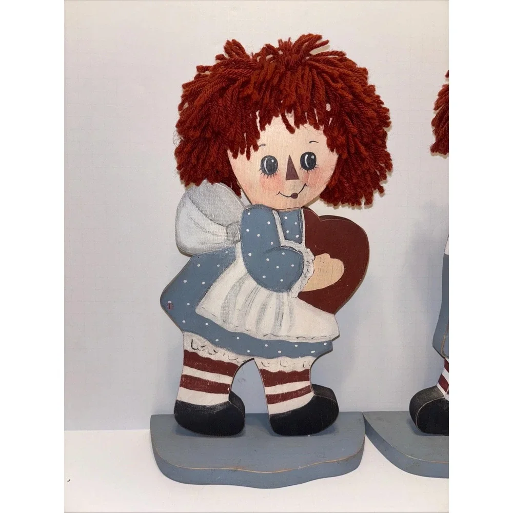 Large Raggedy Ann & Andy Wood Figures Hand Painted Yarn Hair Country Decor 14